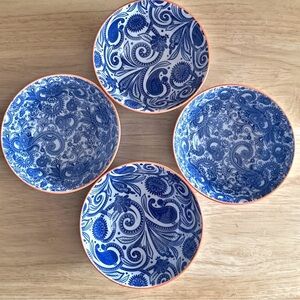 Ooh La La by BIA 6 Inch Blue Paisley Floral Porcelain Bowls Set of 4 Orange Rim